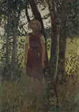 Otto Modersohn, Mädchen am Birkenstamm, Öl auf Malkarton