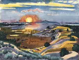Max Pechstein, Sonnenuntergang in den Dünen, Gouache und Aquarell über leichter Bleistiftvorzeichnung auf genarbtem Velin