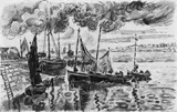 Paul Signac, Port Louis, Tuschpinsel in Braunschwarz über Kohlezeichnung auf chamoisfarbenem Büttenpapier