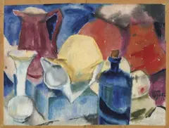 Hans Thuar, Stilleben mit blauer Flasche, Aquarell auf dünnem, transparentem Japanpapier