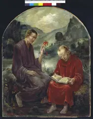 Die beiden Weisen by Magnus Zeller, Öl auf Leinwand, auf dünne Holzplatte mit rundbogigem Abschluß aufgezogen, sold Jun 2002