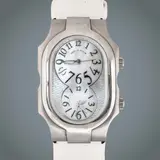 Philip Stein Signature Large, Untitled, Reference: 2TF144536 <br> Year: 2010s <br> Movement: Quartz <br> Calibre: Philip Stein quartz calibre <br> Functions: Hours, minutes, seconds <br> Case: Stainless steel, tonneau-shaped; sapphire crystal <br> Case size: Large (approximately 40–45 mm)<br> Bezel: Smooth <br> Dial: Silvered, with applied baton hour markers; subsidiary seconds at 6 o’clock on select executions; twin-disc architecture integrated within case construction