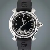 Chopard Happy Sport, Untitled, Year: 1993 <br> Movement: Quartz <br> Functions: Time only <br> Case: Stainless steel; round, fitted with sapphire <br> crystals front and back Case diameter: 39 mm <br> Bezel: Smooth <br> Dial: White, with applied Arabic numerals and <br> baton hour markers; stylised aquatic “fish” motif incorporating the maison’s signature freemoving diamonds, positioned between three sapphire crystals <br> Signature: Dial, case and movement signed <br> Strap/Bracelet: Rubber strap with pin buckle <br> No original box, no original papers