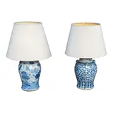 Two Table Lamps with Oriental Jar Bodies, Untitled, a.) body:<br> H: 28” (71 cm)<br> D: 10” 925 cm) <br><br> shade:<br> H: 15” (38 cm)<br> D: 20” (51 cm)