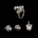 Untitled by A Set of South Sea Pearl Jewelry, The set comprises of a pair of earrings, a pendant and a ring, each centered by gray South Sea Pearls accented by diamon, sold Jan 2026