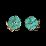 Untitled by A Pair of Carved Floral Earclips in 14k, Perfect for everyday wear, the pair of earclips set in 14k rose gold features carved blue stones. <br><br> Weighs 6.80 g, sold Jan 2026