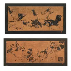 Chinese School, Horses and Cranes (Storks), ink on paper, two handscrolls each bearing red seal impressions; the crane scroll with an additional large literary seal
