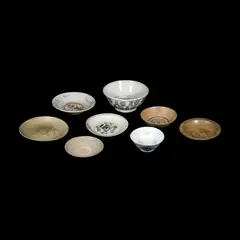 Eight Oriental Potteries, Untitled, size variable:<br> smallest:<br> H: 1 3/4” (4 cm)<br> D: 7 1/2” (19 cm)<br><br>
