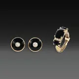 Untitled by A Set of 14k Jewelry, The set comprises of diamond and black enamel stud earrings paired with a threestone ring. The ring features faceted bla, sold Oct 2025