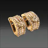 Classic Diamond Earrings in 14k, Untitled, An elegant pair 14k yellow gold earrings featuring a wavy linear design of diamonds, centered by a cluster of diamonds.<br /><br />Some stones noted as Refer on the GIA iD100®.