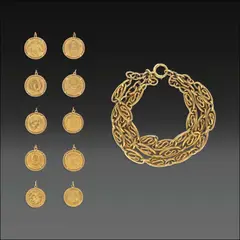 A Collection of 18k Jewelry, Untitled, The collection consists of an 18k yellow gold multi-layered bracelet and 18k yellow gold coin pendants. <br/><br/>18k yellow goldmulti-layered bracelet The bracelet length is 7 inches. 50.60 grams<br/><br/>Mexican Veinte Peso Coin 1917 in 18k The reverse side features the ancient Aztec sun calendar. <br/><br/>The obverse side features the Mexican national coat of arms. Weighs 17.0 grams<br/><br/>Peruvian Una Libra 1918 coin with twisted rope frame in 18k<br/><br/>The reverse features the Peruvian coat of arms. <br/><br/>The obverse side features Manco Capac with inscription VERDAD I JUSTICIA at the top and UNA LIBRA at the bottom. Weighs 11.50 grams
