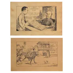 Jorge Pineda, a.) Chinese Cartoon b.) Report Card, b.) signed (lower right)<br> pen and ink on paper<br> 10” x 15 1/2” (25 cm x 39 cm)