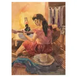Demetrio Diego, Girl with Guitar, watercolor on paper