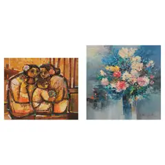 Leonardo Zablan, a.) Two Women with Child b.) Blue Flowers on a Vase, b.) Blue Flowers on a Vase <br> signed and dated 1986 (lower right) <br> oil on canvas <br> 36” x 36” (91 cm x 91 cm)