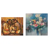 Leonardo Zablan, a.) Two Women with Child b.) Blue Flowers on a Vase, b.) Blue Flowers on a Vase <br> signed and dated 1986 (lower right) <br> oil on canvas <br> 36” x 36” (91 cm x 91 cm)