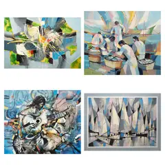a.) Dimension and Celebration I
b.) Fisherman
c.) The Composer
d.) Sailboats by Leonardo Zablan, b.) signed (lower left) <br /> oil on canvas <br /> 30” x 36” (76 cm x 91 cm), sold Jul 2025