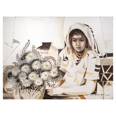 Paco Gorospe, Woman with Flower Vase, oil on canvas