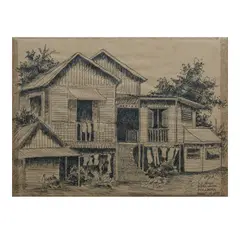 José T. Joya, Old House Barrio Laguian Pila, Laguna, pen and ink on paper