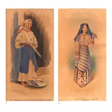 a.) 1887 - Vendora de velas en la muerta la
iglesia - Filipinas (Candle seller at La Muerta
Church - Philippines)
b.) Trajo usado finalizando e Siglo XVIII Filipinas
(Suit worn at the end of the 18th century in the
Philippines) by Unidentified artist, watercolor on paper, sold May 2025