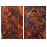 a.) Trabahador b.) Trabahador II by Roger San Miguel, oil on canvas, sold May 2025