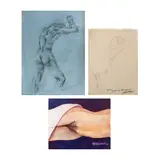 a.) - c.) Nude by a.) Edsel Moscoso b.) - c.) Unidentified Artist, a.) charcoal on paper b.) graphite on paper c.) oil on board, sold May 2025