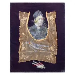 Joel Vega, Celestina, transferred photo collage on antique lace collar and embroidery