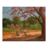 Dominador Castañeda, Barrio Scene, oil on wood