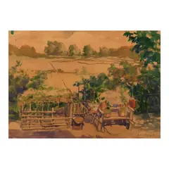 Barrio Scene by Dominador Castañeda, watercolor on paper, sold Oct 2024