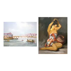 J.D. Castro, a.) The Old Bridge of Spain or Fuente  Spaña b.) Woman with Jar, b.) signed and dated 1965 (lower right)<br /> oil on canvas<br /> 28” x 22” (71 cm x 56 cm)