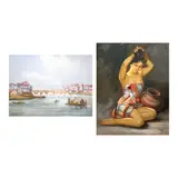 J.D. Castro, a.) The Old Bridge of Spain or Fuente  Spaña b.) Woman with Jar, b.) signed and dated 1965 (lower right)<br /> oil on canvas<br /> 28” x 22” (71 cm x 56 cm)