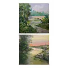 a) Bridgeb.) Landscape by Crispin Lopez, b.) signed and dated 1981 (lower left)<br /> oil on canvas<br /> 30” x 30” (76 cm x 76 cm), sold Oct 2024