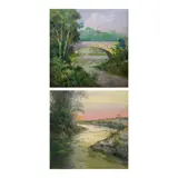 Crispin Lopez, a) Bridgeb.) Landscape, b.) signed and dated 1981 (lower left)<br /> oil on canvas<br /> 30” x 30” (76 cm x 76 cm)