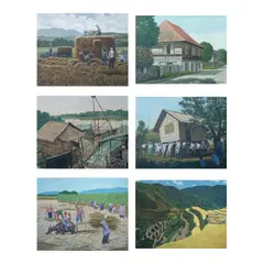 a.) Harvest b.) Untitled c.) Fisherman Hut d.)  Bayanihan e.) Harvest f.) Rice Terraces by Jose Yap Baguio, a.) oil on canvas <br /> b.) oil on canvas <br /> c.) oil on canvas <br /> d.) oil on canvas <br /> e.) oil on canvas <b, sold Jul 2024