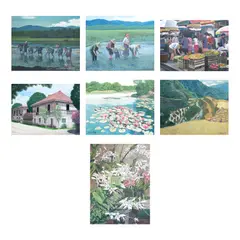 a.) Planting Rice b.) Planting Rice c.) Market Scene d.) Ancestral Houses e.) Lotus f.) Rice Terraces g.) Orchids by Jose Yap Baguio, oil on canvas, sold Jul 2024