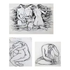 Lydia Velasco, a.)  Three Women b.) Couple c.) Woman, a.) pen and ink on paper <br /> b.) graphite on paper <br /> c.) pen and ink on paper