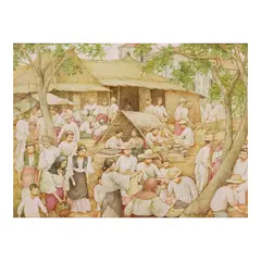 Market Scene by Tony Mahilum, acrylic on canvas, sold Jan 2024