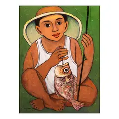 Boy with Fish by Paco Gorospe, oil on canvas, sold Jan 2024