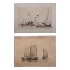 a.) Carayas ou machines a pecher, et Banka de Manille b.) Cascos de la Laguna, a la voile by Pair of Prints, a.) Engraving B&W Paper b.) Engraving B&W Paper, sold Nov 2023