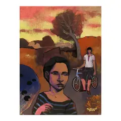 Boy with Bicycle by Marcel Antonio, acrylic on canvas, sold Oct 2023