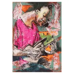 Man with Guitar by Emmanuel Garibay, acrylic on paper, sold Jul 2023
