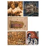 a. Laugh And Happiness b. Untitled c. Untitled d. Untitled e. Untitled by a. Taj <br>b. Maliks <br>c. Unidentified Artist<br> d. Unidentified Artist <br>e. Unidentified Artist, a. acrylic on canvas<br>b. pigment on textile<br> c. mixed media <br>d. oil on canvas <br>e. oil on canvas, sold Jul 2023