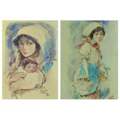 Salvador Cabrera, a) Mother and Child b) Farm Maiden, watercolor on paper