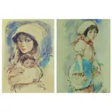 Salvador Cabrera, a) Mother and Child b) Farm Maiden, watercolor on paper