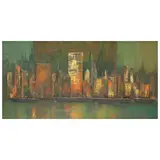 Cityscape by Cesar Buenaventura, mixed media on masonite, sold Apr 2023