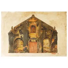 Santiago De Galicia Church Ilocos Sur by Rodolfo Ragodon, oil on wood, sold Apr 2023