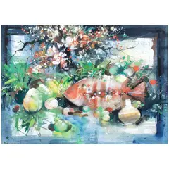 Still Life (Fish and Flowers) by Edgar Doctor, watercolor on paper, sold Apr 2023