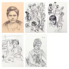 Sofronio y Mendoza, a) Untitled (Portrait of a Woman)  b) Untitled c) Untitled d) Untitled  e) Untitled, a) graphite on paper b) pen and ink on paper c) pen and ink on paper d) pen and ink on paper e) pen and ink on paper