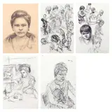 Sofronio y Mendoza, a) Untitled (Portrait of a Woman)  b) Untitled c) Untitled d) Untitled  e) Untitled, a) graphite on paper b) pen and ink on paper c) pen and ink on paper d) pen and ink on paper e) pen and ink on paper