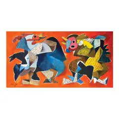 Untitled (Two Cocks) by William Yu, oil on canvas, sold Oct 2022