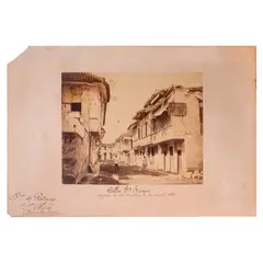 Francisco van Kamp, Untitled, photograph of the Don Maximino Paterno mansion, Calle San Roque, Sta. Cruz Titled "Calle Sn Roque, despues de los temblors, 18-20 July 1880." (San Roque Street, after the earthquakes of 18-20 July 1880.) The Paterno home would be completely renovated afterwards. signed and dedicated to “Sres. Paterno”